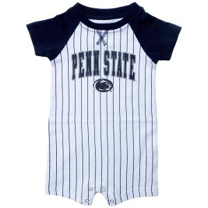 white infant romper with navy lines and sleeves, screened Penn State and Athletic Logo